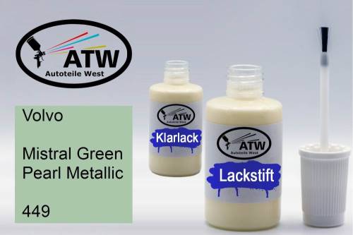 Volvo, Mistral Green Pearl Metallic, 449: 20ml Lackstift + 20ml Klarlack - Set, von ATW Autoteile West.